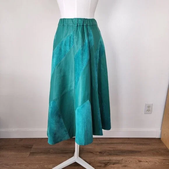 Vintage Green Leather Suede Midi Skirt Unique Geometric Artsy Fits M? SEE NOTE - Picture 3 of 11
